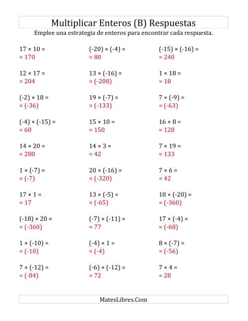 La hoja de ejercicios de Multiplicación de Enteros, Rango de (-20) a 20 (B) Página 2