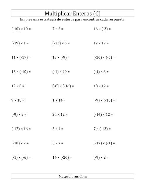 La hoja de ejercicios de Multiplicación de Enteros, Rango de (-20) a 20 (C)