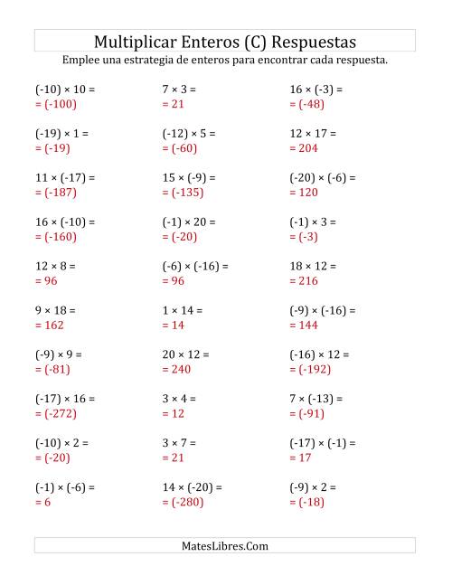 La hoja de ejercicios de Multiplicación de Enteros, Rango de (-20) a 20 (C) Página 2
