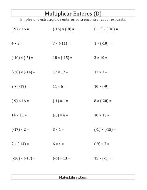 La hoja de ejercicios de Multiplicación de Enteros, Rango de (-20) a 20 (D)