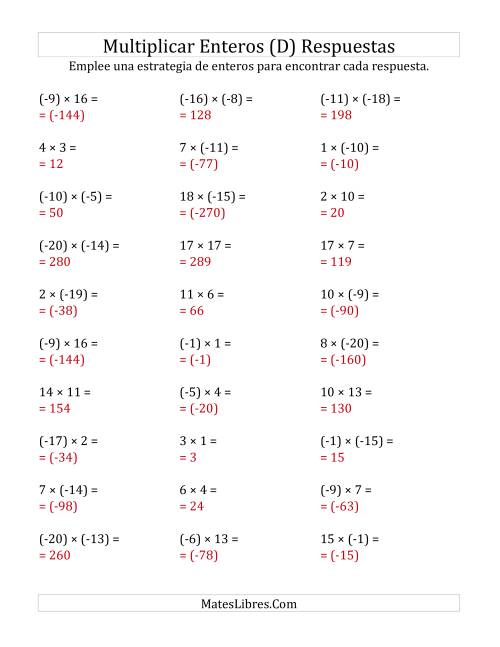 La hoja de ejercicios de Multiplicación de Enteros, Rango de (-20) a 20 (D) Página 2