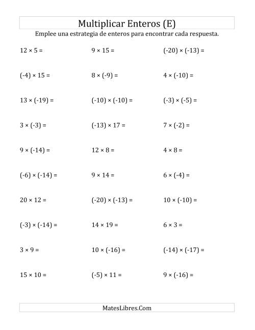 La hoja de ejercicios de Multiplicación de Enteros, Rango de (-20) a 20 (E)