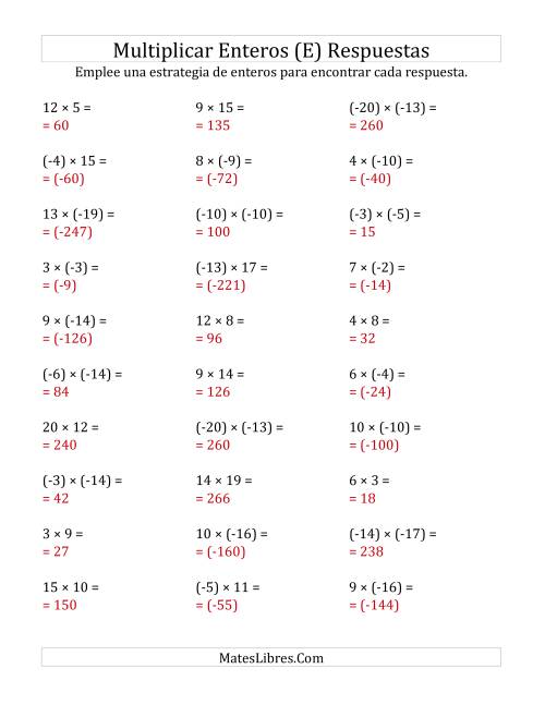 La hoja de ejercicios de Multiplicación de Enteros, Rango de (-20) a 20 (E) Página 2
