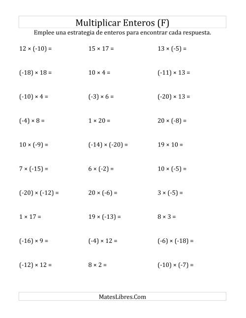 La hoja de ejercicios de Multiplicación de Enteros, Rango de (-20) a 20 (F)