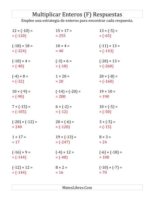 La hoja de ejercicios de Multiplicación de Enteros, Rango de (-20) a 20 (F) Página 2
