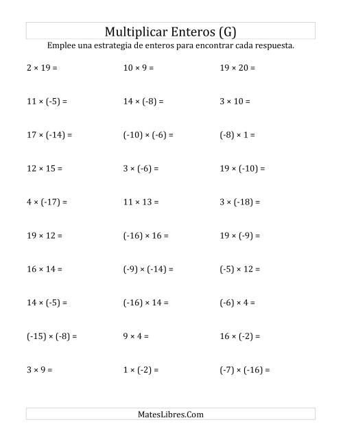 La hoja de ejercicios de Multiplicación de Enteros, Rango de (-20) a 20 (G)