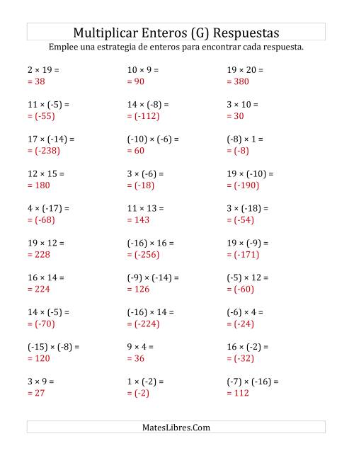 La hoja de ejercicios de Multiplicación de Enteros, Rango de (-20) a 20 (G) Página 2
