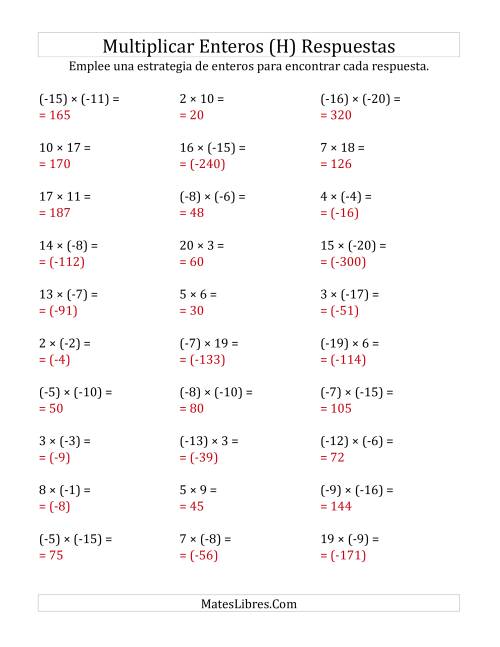 La hoja de ejercicios de Multiplicación de Enteros, Rango de (-20) a 20 (H) Página 2
