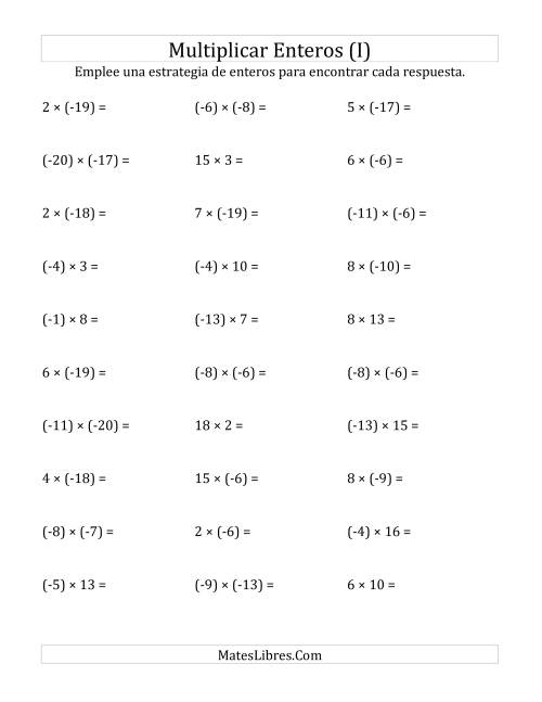 La hoja de ejercicios de Multiplicación de Enteros, Rango de (-20) a 20 (I)