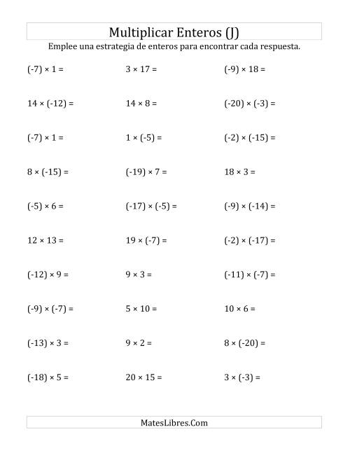 La hoja de ejercicios de Multiplicación de Enteros, Rango de (-20) a 20 (J)
