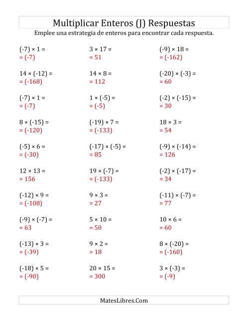 La hoja de ejercicios de Multiplicación de Enteros, Rango de (-20) a 20 (J) Página 2
