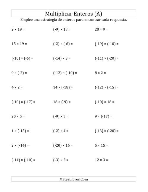 La hoja de ejercicios de Multiplicación de Enteros, Rango de (-20) a 20 (Todas)