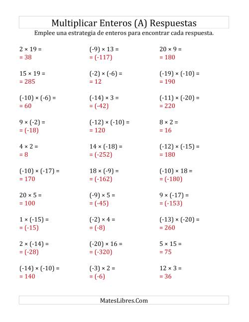 La hoja de ejercicios de Multiplicación de Enteros, Rango de (-20) a 20 (Todas) Página 2
