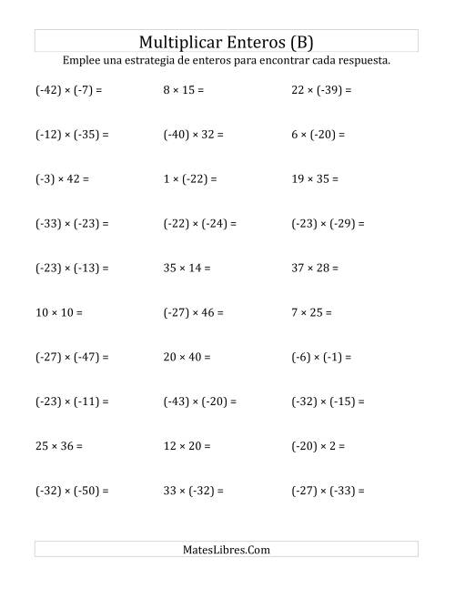 La hoja de ejercicios de Multiplicación de Enteros, Rango de (-50) a 50 (B)