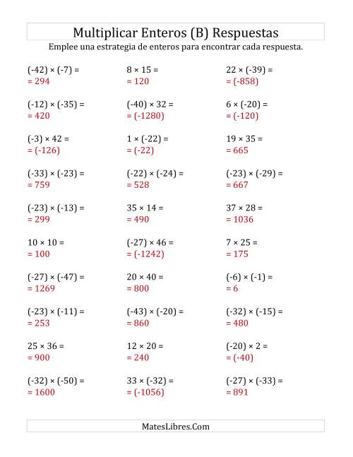 La hoja de ejercicios de Multiplicación de Enteros, Rango de (-50) a 50 (B) Página 2