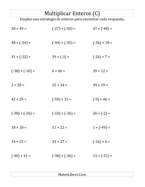 La hoja de ejercicios de Multiplicación de Enteros, Rango de (-50) a 50 (C)