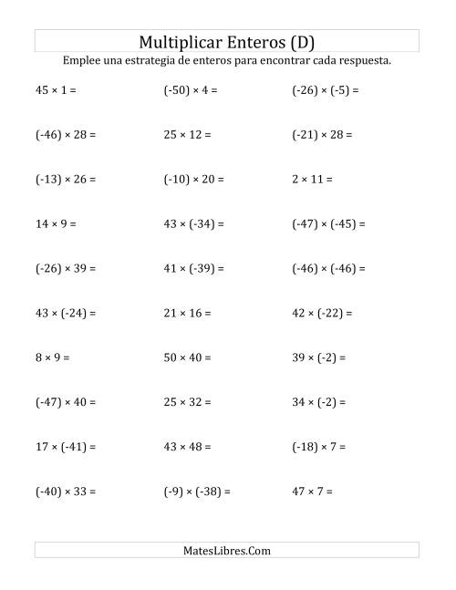 La hoja de ejercicios de Multiplicación de Enteros, Rango de (-50) a 50 (D)