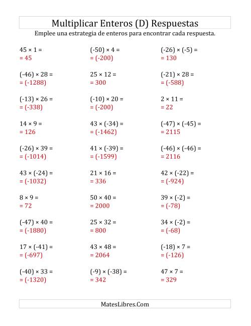 La hoja de ejercicios de Multiplicación de Enteros, Rango de (-50) a 50 (D) Página 2