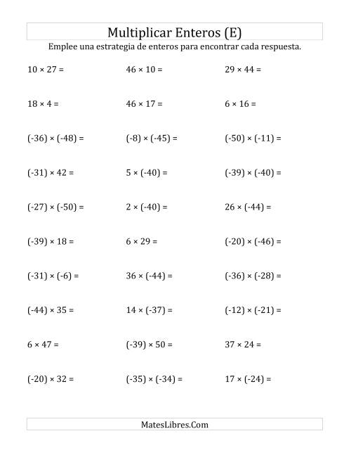 La hoja de ejercicios de Multiplicación de Enteros, Rango de (-50) a 50 (E)