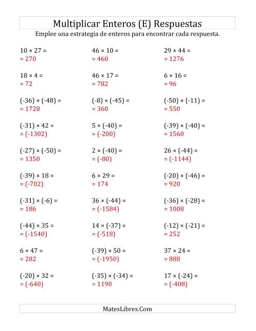 La hoja de ejercicios de Multiplicación de Enteros, Rango de (-50) a 50 (E) Página 2