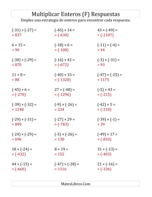 La hoja de ejercicios de Multiplicación de Enteros, Rango de (-50) a 50 (F) Página 2