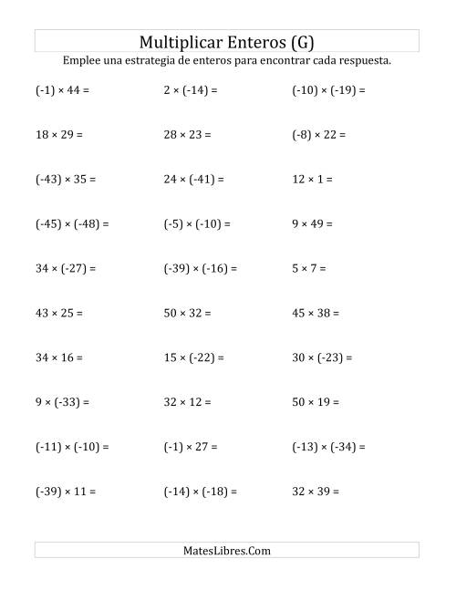 La hoja de ejercicios de Multiplicación de Enteros, Rango de (-50) a 50 (G)