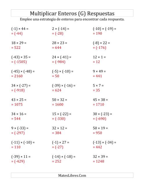 La hoja de ejercicios de Multiplicación de Enteros, Rango de (-50) a 50 (G) Página 2