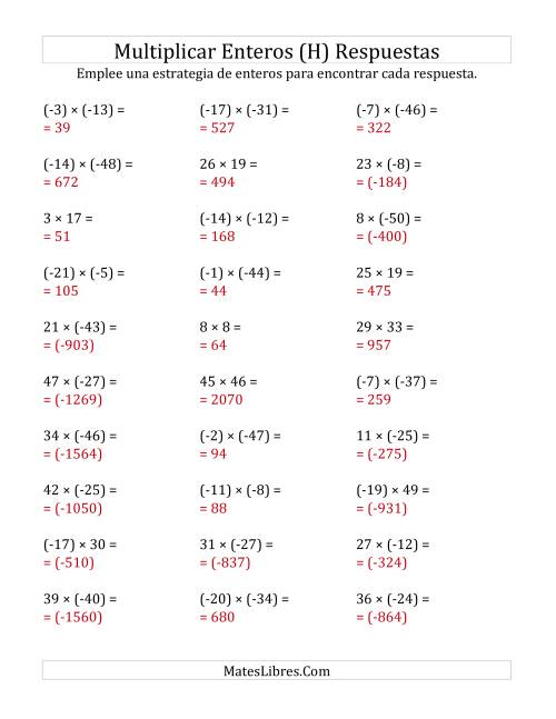 La hoja de ejercicios de Multiplicación de Enteros, Rango de (-50) a 50 (H) Página 2