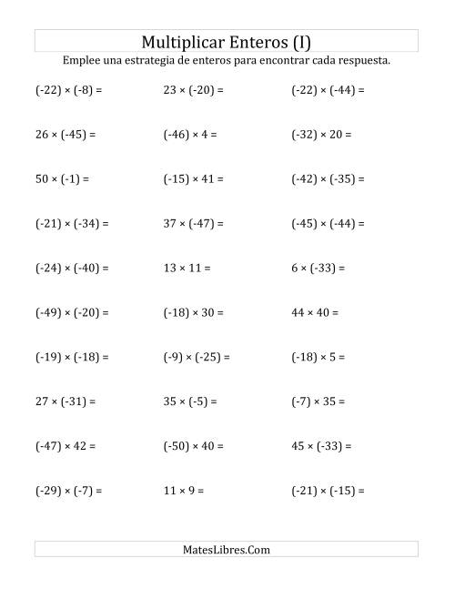La hoja de ejercicios de Multiplicación de Enteros, Rango de (-50) a 50 (I)