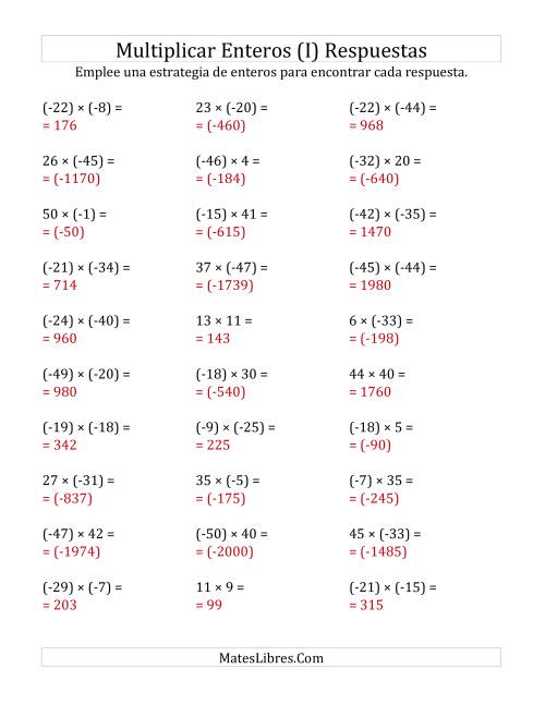 La hoja de ejercicios de Multiplicación de Enteros, Rango de (-50) a 50 (I) Página 2