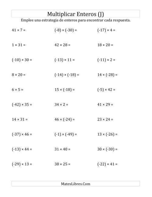 La hoja de ejercicios de Multiplicación de Enteros, Rango de (-50) a 50 (J)