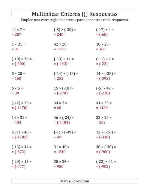La hoja de ejercicios de Multiplicación de Enteros, Rango de (-50) a 50 (J) Página 2