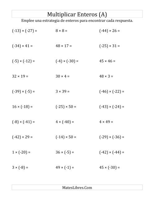 La hoja de ejercicios de Multiplicación de Enteros, Rango de (-50) a 50 (Todas)