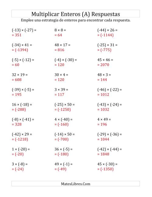 La hoja de ejercicios de Multiplicación de Enteros, Rango de (-50) a 50 (Todas) Página 2