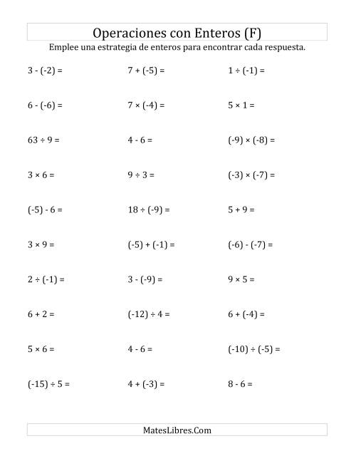 La hoja de ejercicios de Todas las Operaciones Mezcladas -- Paréntesis Alrededor de los Números Negativos, Rango de (-9) a 9 (F)