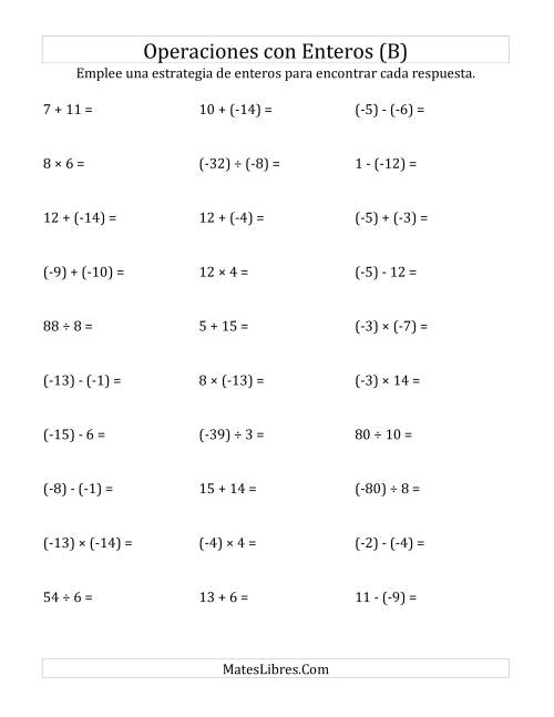 La hoja de ejercicios de Todas las Operaciones Mezcladas -- Paréntesis Alrededor de los Números Negativos, Rango de (-15) a 15 (B)