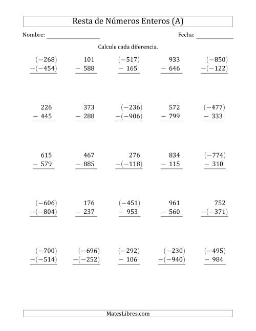 La hoja de ejercicios de Resta de Enteros de Tres Dígitos (Organizados Verticalmente) (A)