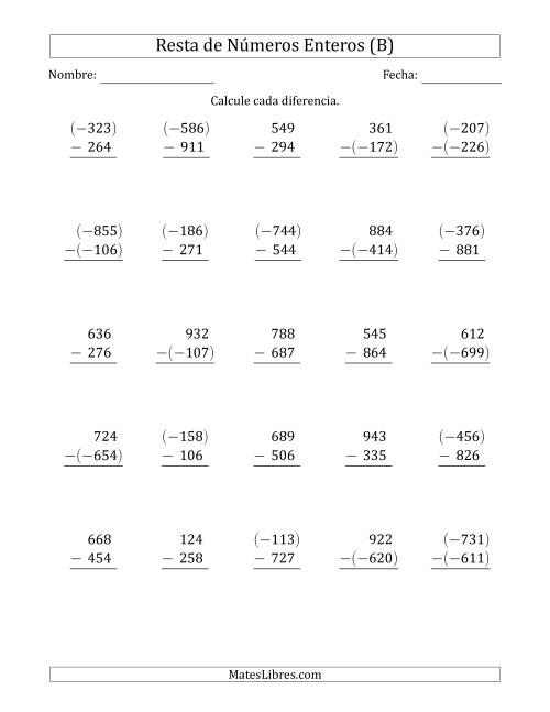 La hoja de ejercicios de Resta de Enteros de Tres Dígitos (Organizados Verticalmente) (B)
