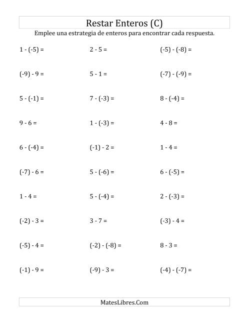 La hoja de ejercicios de Sustracción de Enteros -- Paréntesis Alrededor de los Números Negativos, Rango de (-9) a 9 (C)
