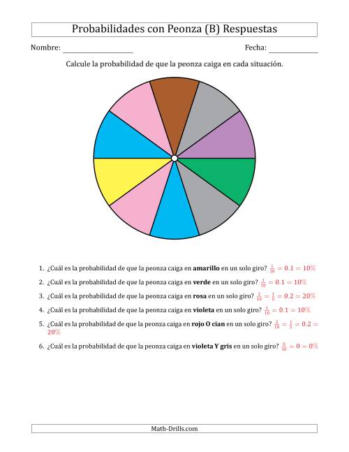 La hoja de ejercicios de Peonzas No Numéricas con Colores (10 Secciones) (B) Página 2