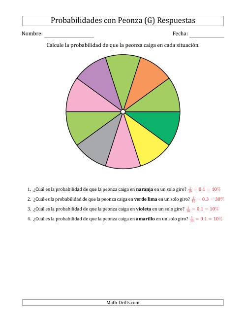 La hoja de ejercicios de Peonzas No Numéricas con Colores (10 Secciones) (G) Página 2