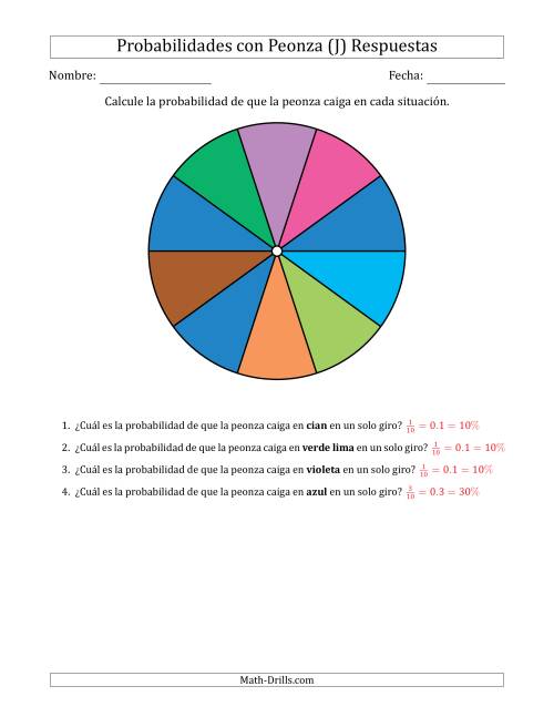 La hoja de ejercicios de Peonzas No Numéricas con Colores (10 Secciones) (J) Página 2