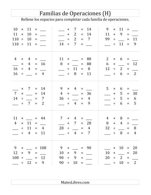 La hoja de ejercicios de Multiplicación y División hasta 144 (H)