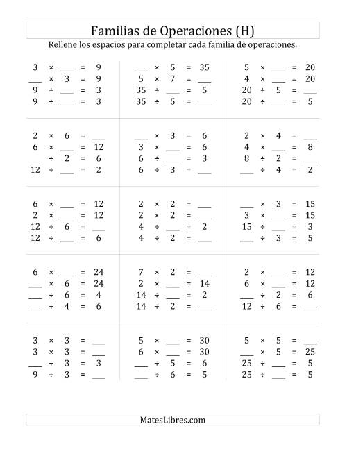 La hoja de ejercicios de Multiplicación y División hasta 49 (H)