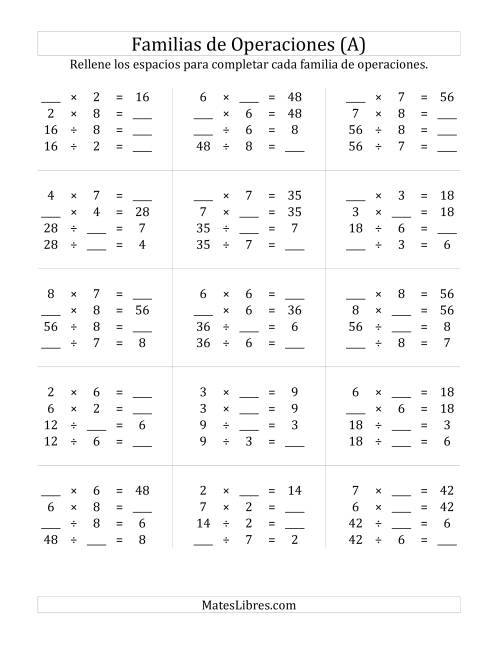 La hoja de ejercicios de Multiplicación y División hasta 64 (A)