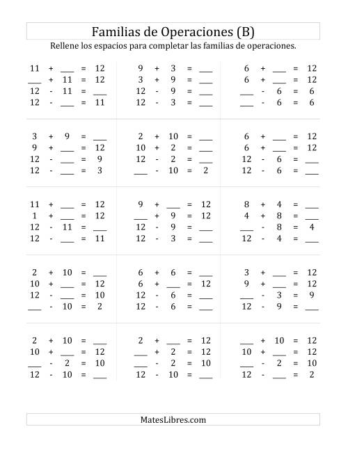 La hoja de ejercicios de Números que Suman 12 (B)