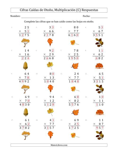 La hoja de ejercicios de Cifras Caídas de Otoño, Multiplicación (Versión Difícil) (C) Página 2