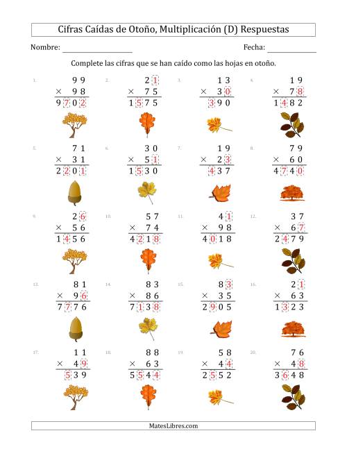 La hoja de ejercicios de Cifras Caídas de Otoño, Multiplicación (Versión Difícil) (D) Página 2