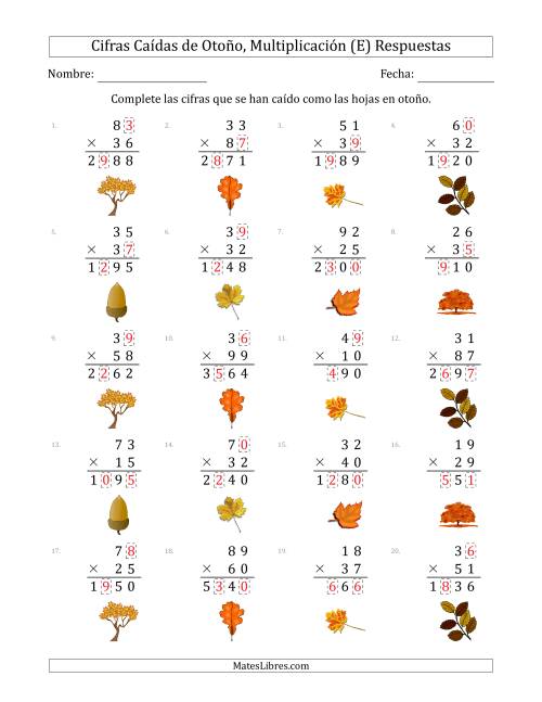 La hoja de ejercicios de Cifras Caídas de Otoño, Multiplicación (Versión Difícil) (E) Página 2