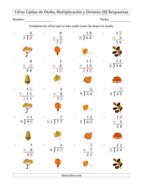 La hoja de ejercicios de Cifras Caídas de Otoño, Multiplicación y División (Versión Sencilla) (B) Página 2